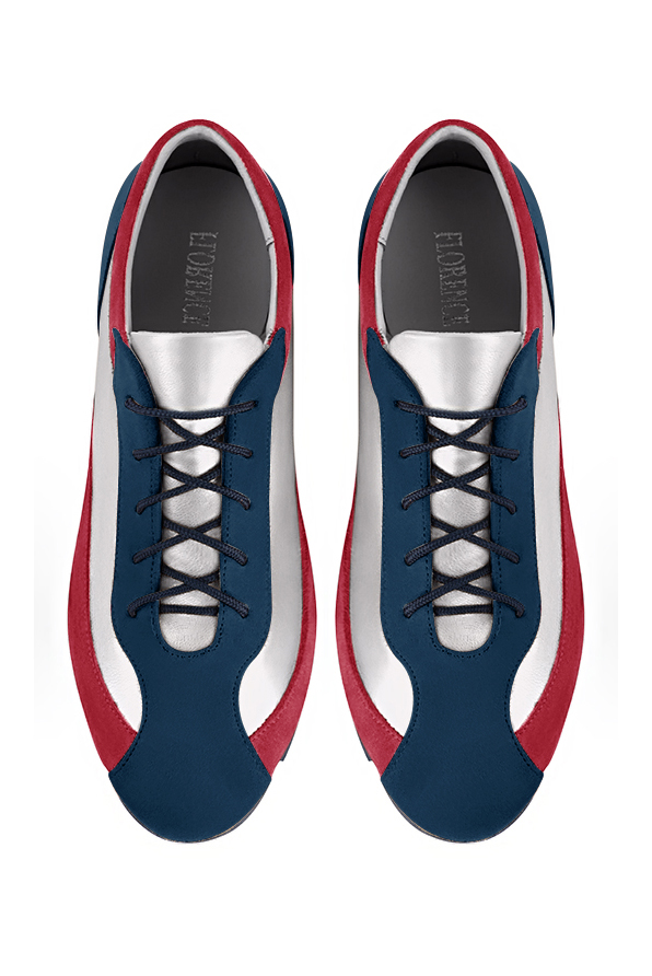 Navy blue, light silver and cardinal red women's elegant sneakers. Round toe. Flat rubber soles. Top view - Florence KOOIJMAN